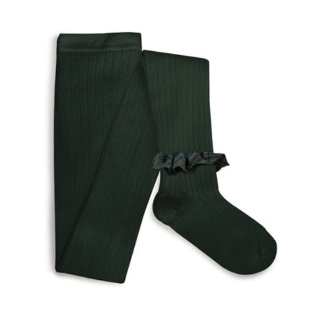 Collegien Adelaide - Tartan Ruffle Ribbed Tights - Forest Green 2Y